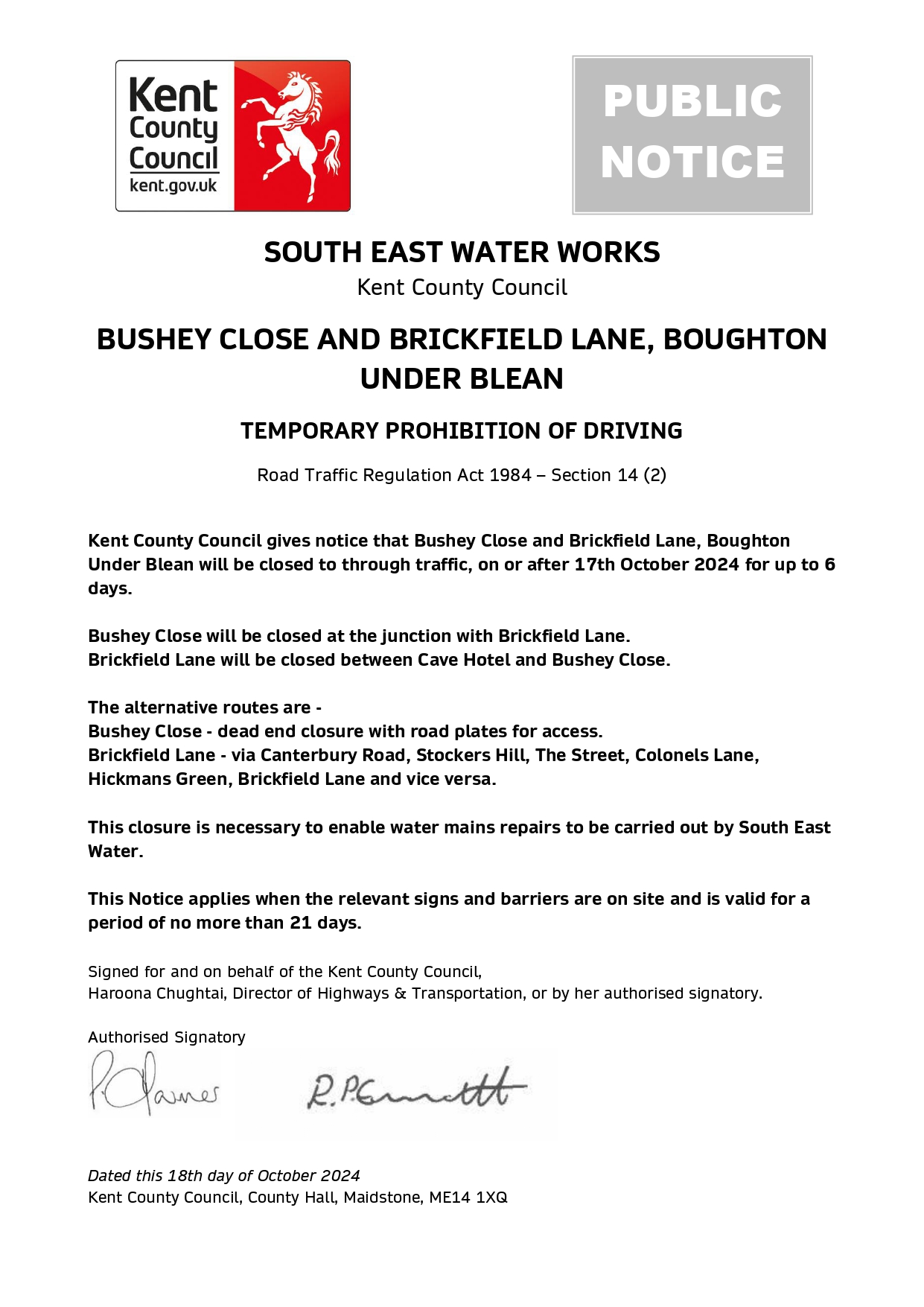 Public Notice Bushey Close And Brickfield Lane