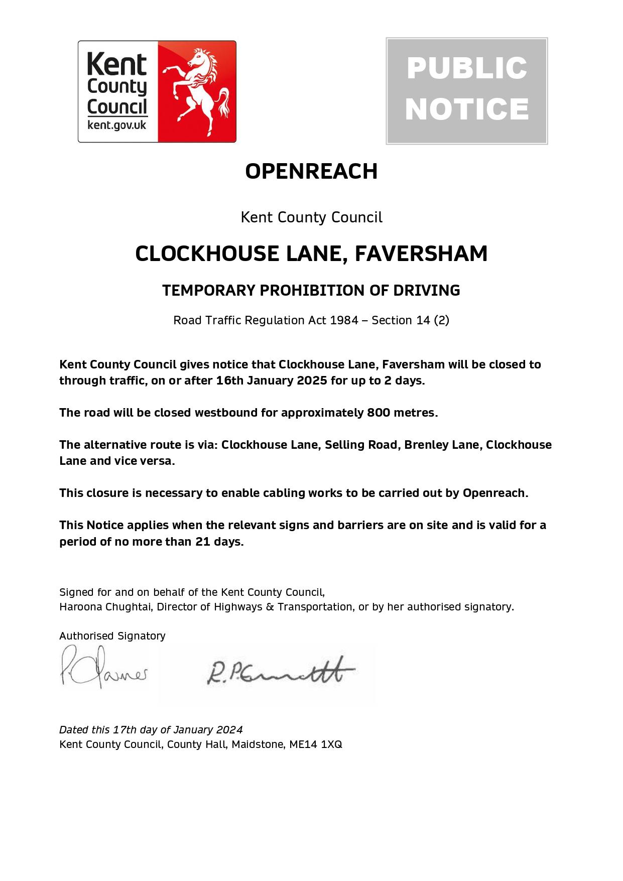 Public Notice Clockhouse Lane