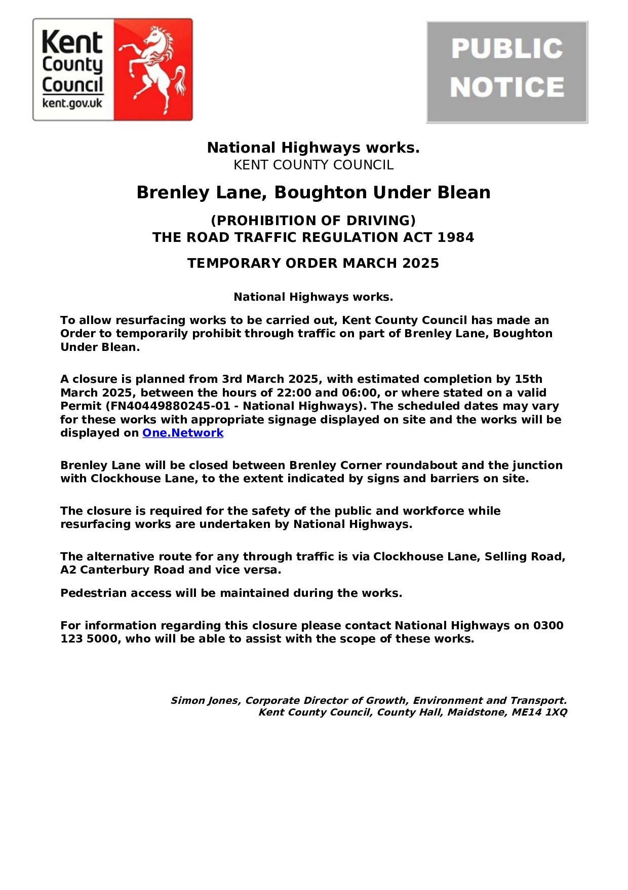 Public Notice Brenley Lane, Boughton Under Blean Page 0001