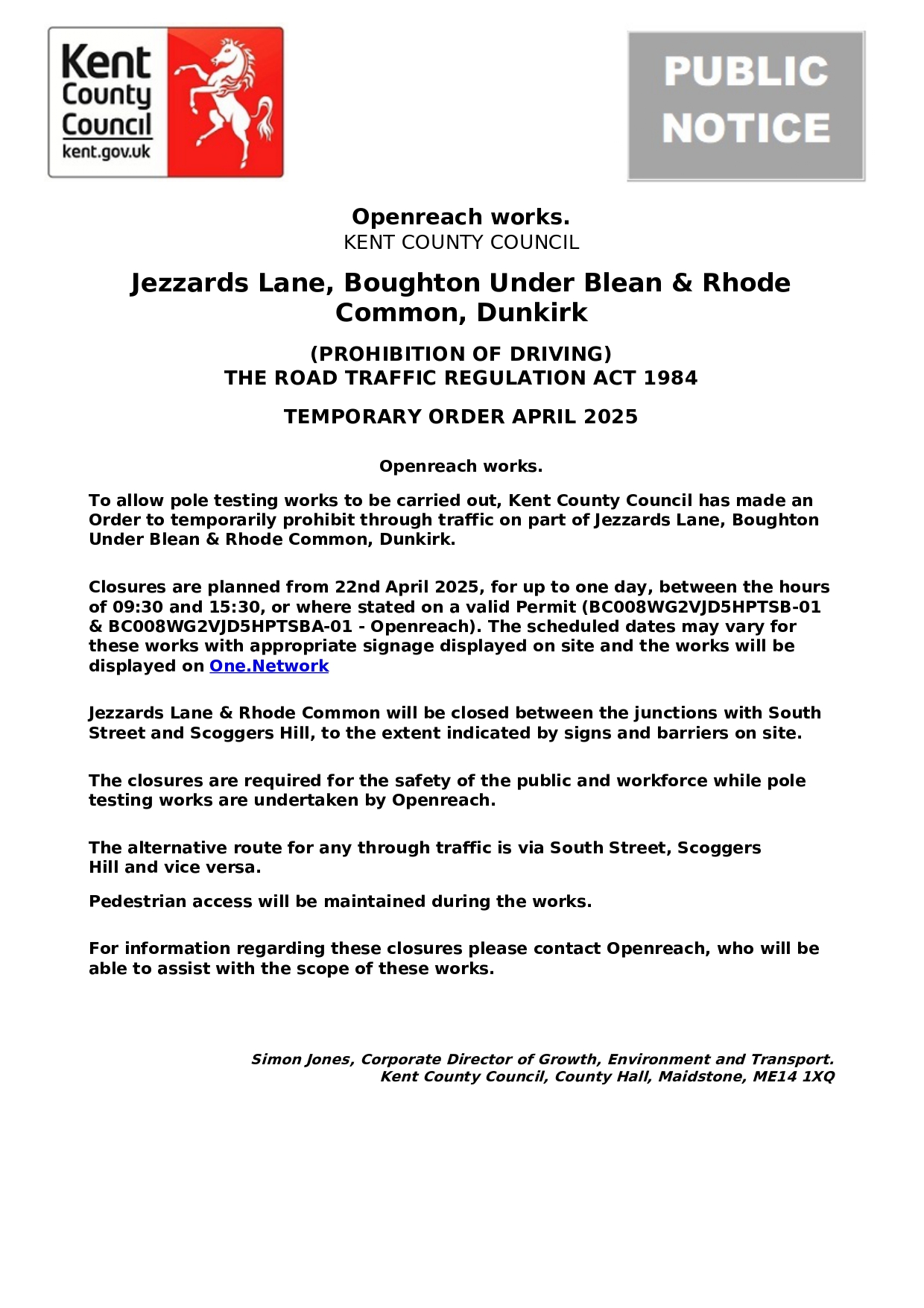 Public Notice Jezzards Lane, Boughton Under Blean & Rhode Common, Dunkirk April 2025 Page 0001
